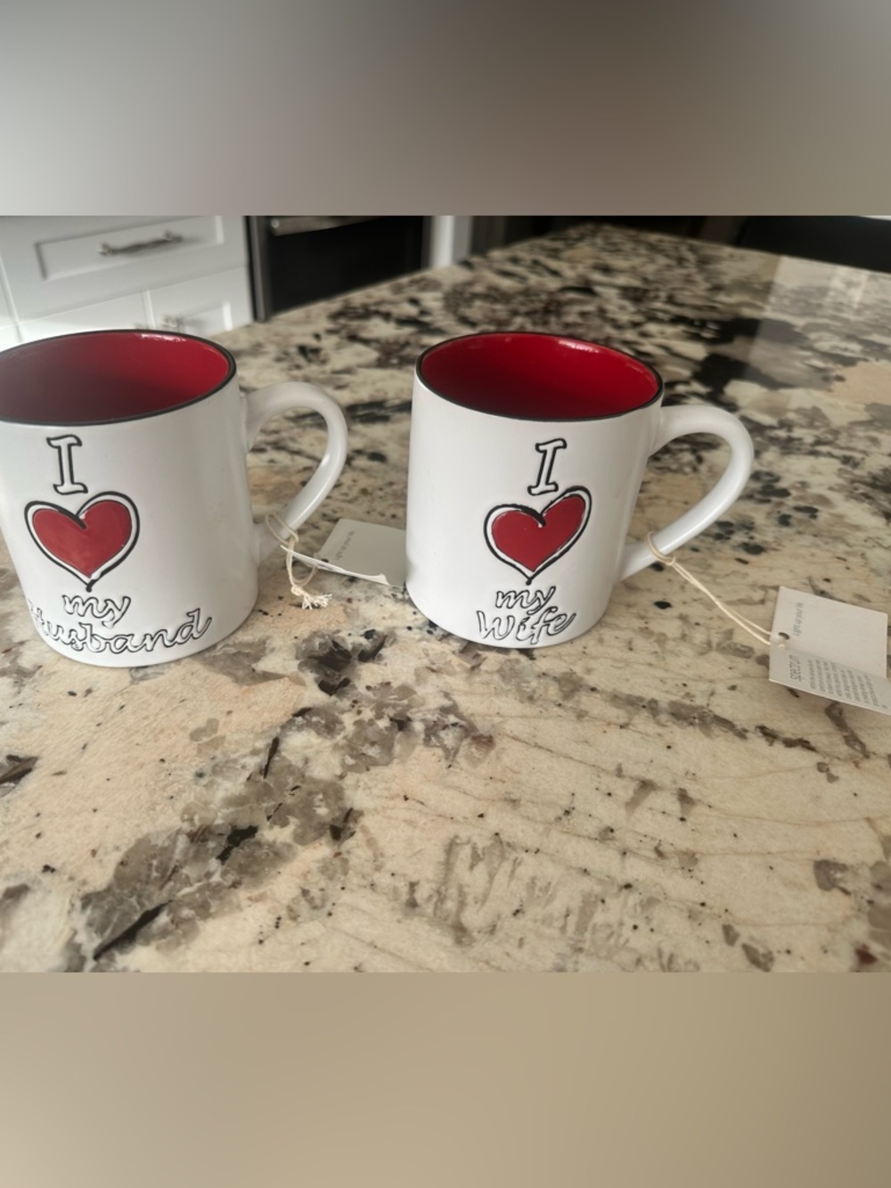 I Love My Wife and Husband 2 White Ceramic Mugs with Red Interior